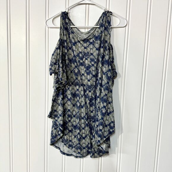 WE THE FREE Top Women Size Medium Linen Floral Cold Shoulder Flutter Sleeve Blue - Picture 1 of 5